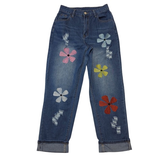 SHEIN Women's Embroidered Floral Jeans Distressed Blue Denim Pants Size 26 - Picture 1 of 10